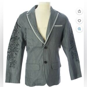 Elegant Charcoal Denim Blazer with Embroidered Accents